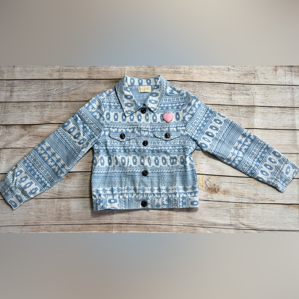 Miki Miette Girls 6Y Aztec Print Button-Up Jacket w/ Heart Patch Blue White